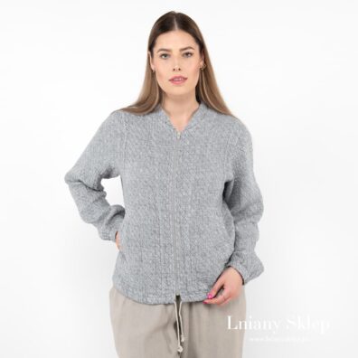 Szary żakiet bomber z żakardowej pranej tkaniny lnianej.