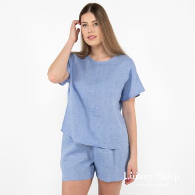 DARREN niebieska bluzka i szorty z pranego lnu 100%.