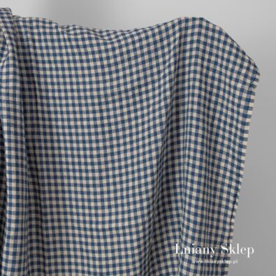 Granatowy w piaskową kratkę len prany.