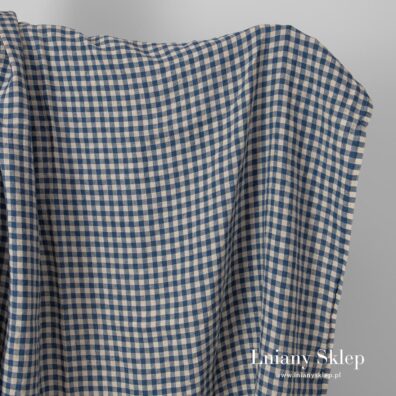 Granatowy w piaskową kratkę len prany.