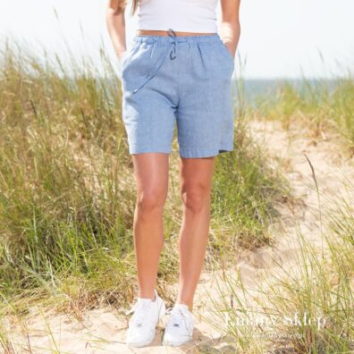 Niebieskie damskie szorty. W talii - gumka i sznureczek.