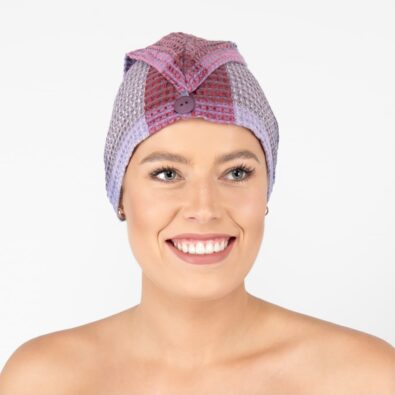 BINGO liliowa czapeczka do sauny na guziczku.