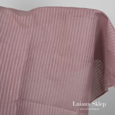 Liliowa tkanina lniana w paski we wzorki.