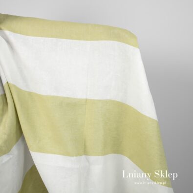 Tkanina lniana satyna w zielone i białe pasy.