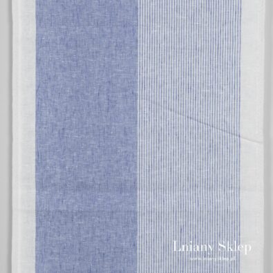 Ścierkowa tkanina lniana w niebieskie paski.