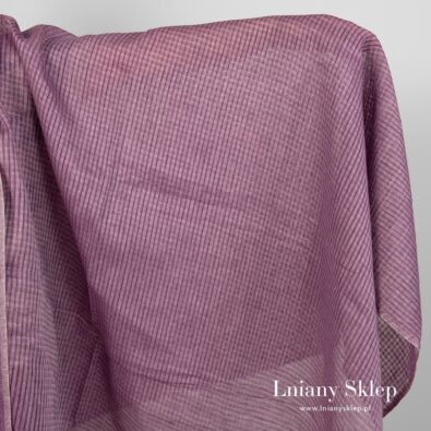 Fioletowa tkanina lniana w przeźroczystą kratkę.