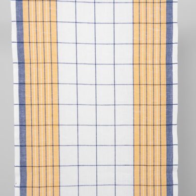 Tkanina ścierkowa w kratkę żółtą i granatową.