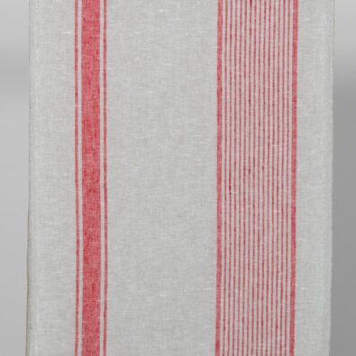 Szara tkanina ścierkowa w paski czerwone.