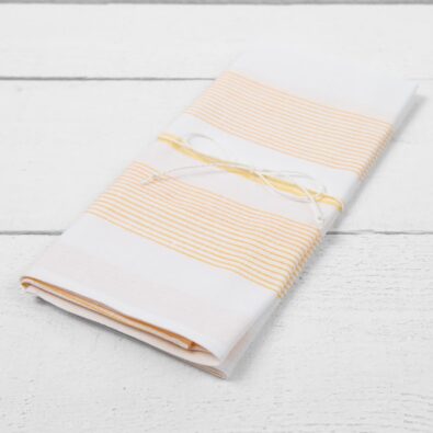 Ścierka kuchenna biała wytkana w żółte w pomarańcz paski 65.