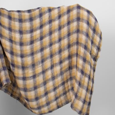 Prana dwustronna lniana tkanina w niebieską kratkę