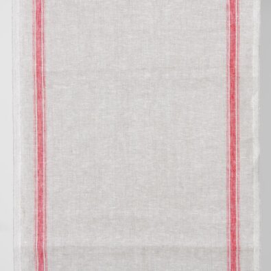 Lniana jasnoszara tkanina ścierkowa w czerwone paski