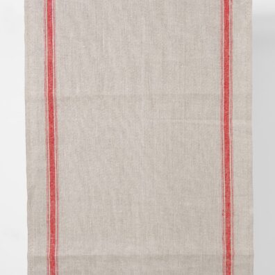 Lniana niebarwiona szara tkanina ścierkowa w czerwone paski