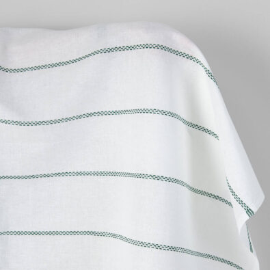 Mlecznobiały w zielone paski len z bawełną