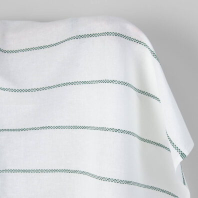 Mlecznobiały w zielone paski len z bawełną