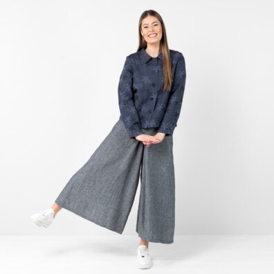 Granatowe spódnico-spodnie lniane