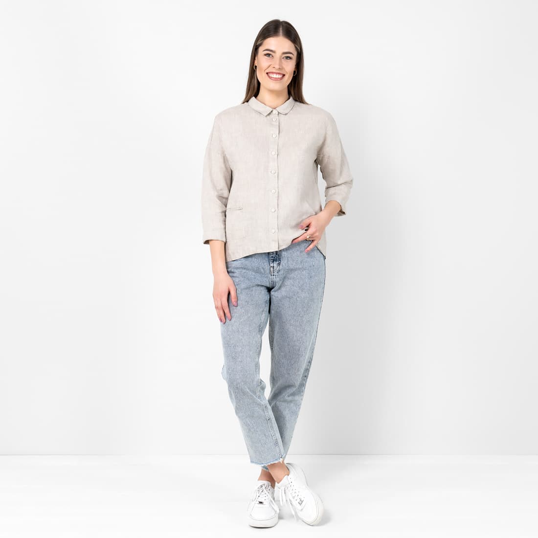 Jasna szara koszulowa bluzka lniana