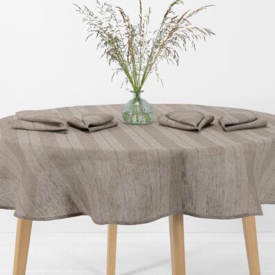 Piaskowy w pasy okrągły (owalny) obrus