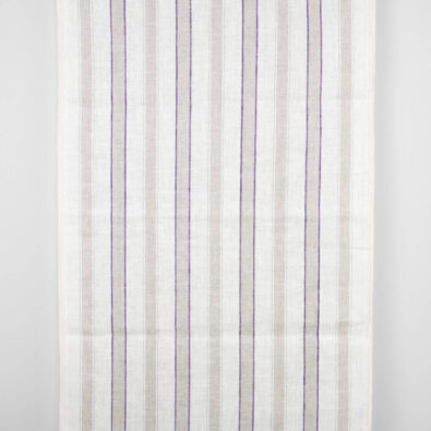 Biała ścierkowa tkanina lniana w paski fioletowe i szare