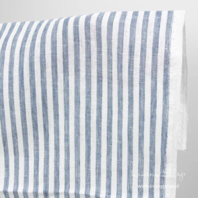 Biały w granatowe paski ścierkowy len