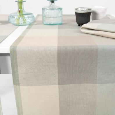 pellava puuvilla juoksija beige vihreä ruudut