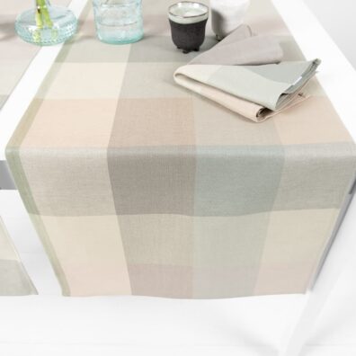 pellava puuvilla juoksija beige vihreä ruudut