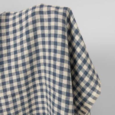 Pellavakangas sininen ruudullinen leveä pesty pehmeä, joustava, ihoystävällinen