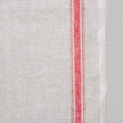 Pellavainen keittiöpyyhe kangas beige punaisilla raidoilla, leveys 50cm
