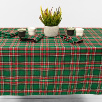 Pellava-puuvilla pöytäliina vihreä-punainen ruudullinen