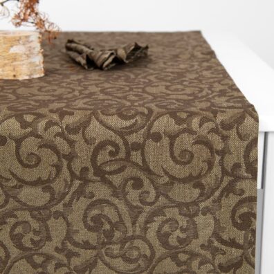 Jacquard kaitaliina, kudottu tummanruskea puuvilla, luonnonvärinen (värjäämätön, ruskeanharmaa) pellava ja kultainen polyesterilanka