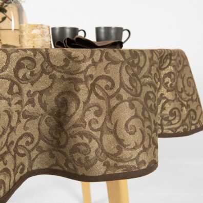 Pyöreä ovaali ruskea pöytäliina jacquard, 1cm leveä yksivärinen tummanruskea piping