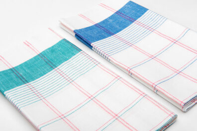 pellavapuuvillapyyhesarja, valkoinen sinisillä ruuduilla