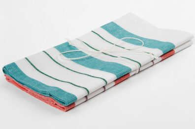 Pellavapuuvillainen keittiöpyyhesarja, valkoinen vihreillä/punaisilla raidoilla