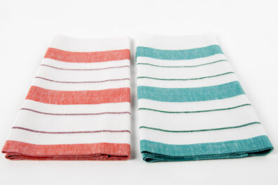 Pellavapuuvillainen keittiöpyyhesarja, valkoinen vihreillä/punaisilla raidoilla