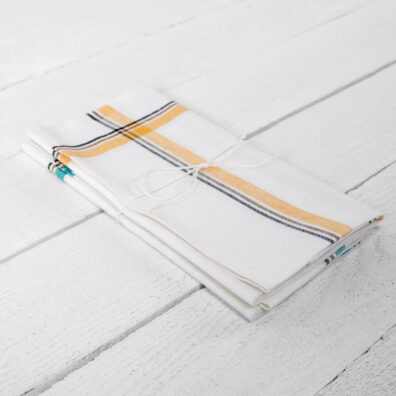 pellavapuuvillainen keittiöpyyhesarja, valkoinen keltaisilla/vihreillä raidoilla