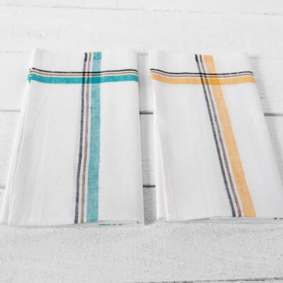 pellavapuuvillainen keittiöpyyhesarja, valkoinen keltaisilla/vihreillä raidoilla