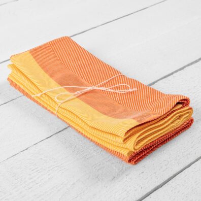 Pellavapuuvillainen keittiöpyyhesarja, keltaoranssi kalanruoto