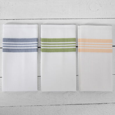 pellavapuuvillainen keittiöpyyhesarja, valkoinen keltaisilla, vihreillä, sinisillä raidoilla