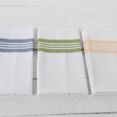 pellavapuuvillainen keittiöpyyhesarja, valkoinen keltaisilla, vihreillä, sinisillä raidoilla