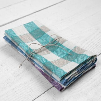 pellavapuuvillainen keittiöpyyhesarja - luonnollinen sinisillä/violetilla/vihreillä ruuduilla