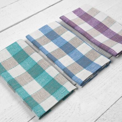 pellavapuuvillainen keittiöpyyhesarja - luonnollinen sinisillä/violetilla/vihreillä ruuduilla