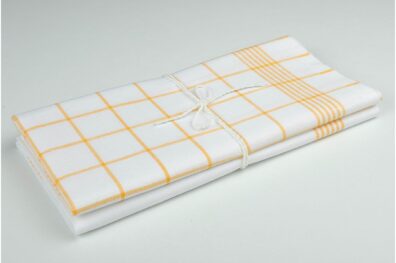 pellavapuuvillainen keittiöpyyhesarja, valkoiset keltaiset ruudut ja raidat