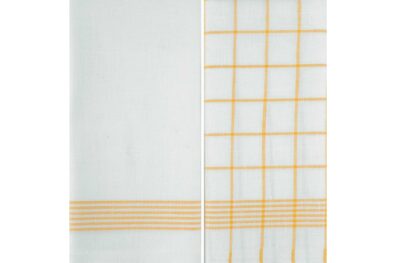 pellavapuuvillainen keittiöpyyhesarja, valkoiset keltaiset ruudut ja raidat