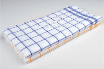 Pellavapuuvillainen keittiöpyyhesarja, ruudullinen valkoinen ja sininen/keltainen