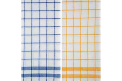 Pellavapuuvillainen keittiöpyyhesarja, ruudullinen valkoinen ja sininen/keltainen