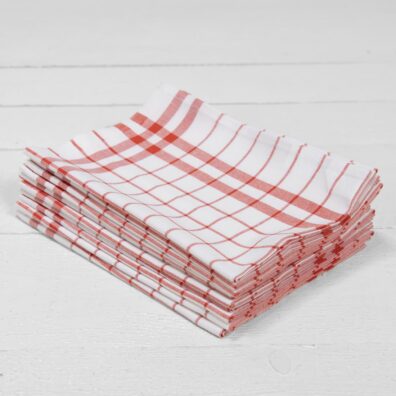keittiöpyyhesarja, valkoinen punaisilla ruuduilla