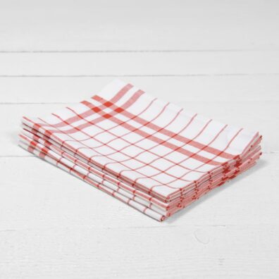 keittiöpyyhesarja, valkoinen punaisilla ruuduilla