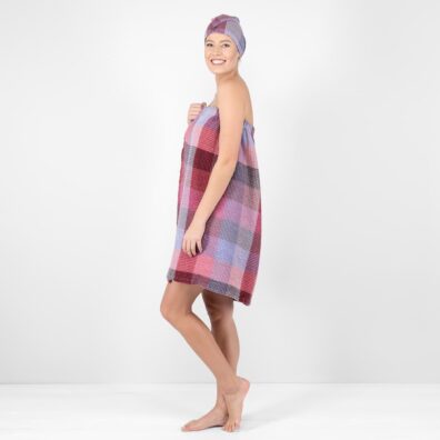 Ruudullinen violetti puuvillainen pellavapyyhe, pesty