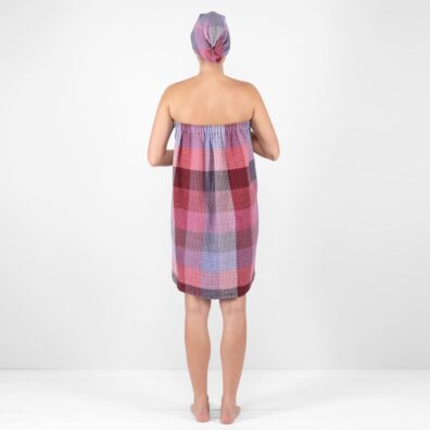 Ruudullinen violetti puuvillainen pellavapyyhe, pesty, nappi