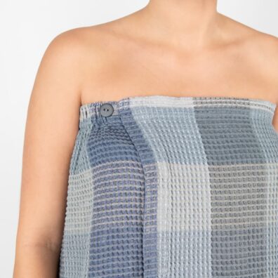 Ruudullinen sininen harmaa puuvillainen pellavapyyhe, vohvelikudos