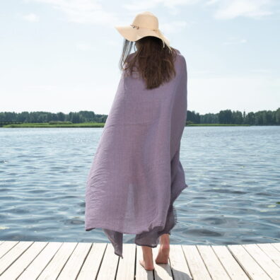 Pellavainen puuvillainen rantapyyhe violetti väri raidallinen